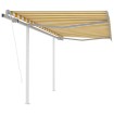 Toldo retráctil automático con postes amarillo blanco 3,5x2,5 m