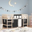 Cama alta niños con cortinas madera pino blanco negro 90x190 cm