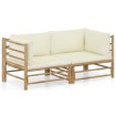 Set de muebles de jardín 2 piezas bambú y cojines blanco crema