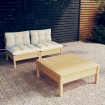 Muebles de jardín 3 piezas cojines madera de pino crema