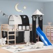 Cama alta niños con torre madera pino blanco negro 90x190 cm