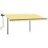 Toldo retráctil automático con postes amarillo y blanco 4x3,5