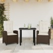 Set comedor de jardín 3 piezas y cojines ratán sintético marrón