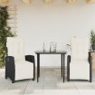 Set comedor de jardín 3 pzas con cojines ratán sintético negro