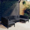 Muebles de jardín 6 pzas y cojines negro madera maciza de pino