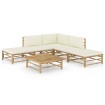 Set de muebles de jardín 6 piezas bambú y cojines blanco crema