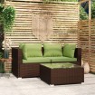 Set muebles de jardín 3 piezas y cojines ratán sintético marrón