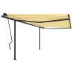 Toldo retráctil manual con postes amarillo y blanco 4,5x3,5 m