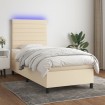 Cama box spring colchón y luces LED tela crema 90x200 cm