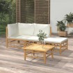 Set de muebles de jardín 4 piezas bambú y cojines blanco crema